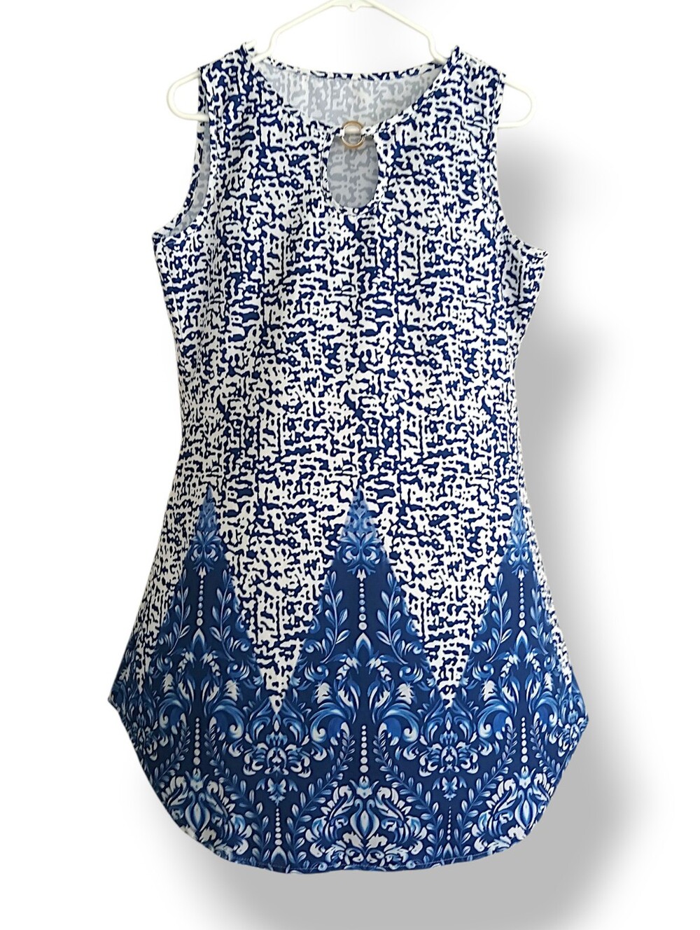 Blue & White Boho Tunic Dress Printed Mini Dress Keyhole Neck Summer Beach LG